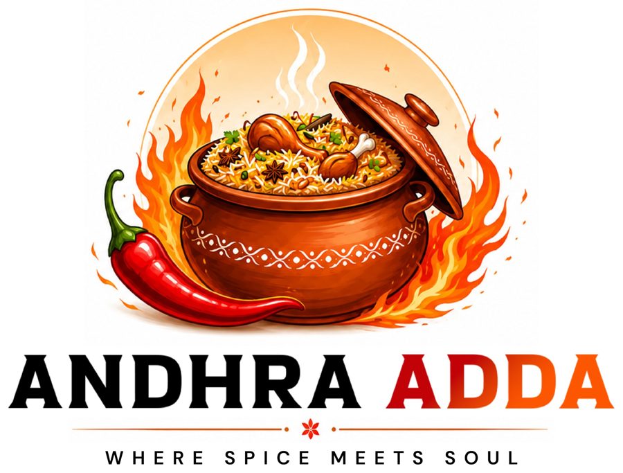 Andhra Adda – Where spice meets soul. Logo showing a clay pot of biryani with a red chilli and flames.